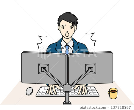 一位身穿西裝的男上班族在電腦前工作時，被螢幕上的內容嚇了一跳。 137518597