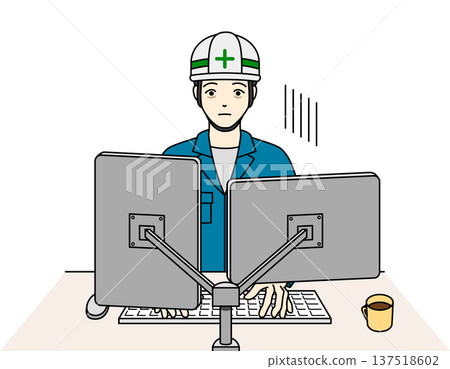 A male worker wearing a helmet is stuck and depressed while working on a PC A male worker wearing a helmet is stuck and depressed while working on a PC 137518602