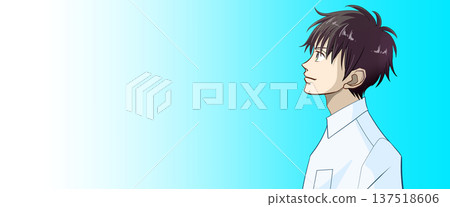 一幅動漫風格的插圖，描繪了一位身穿襯衫的男性學生或上班族，他抬頭看向左側，左側留有空白。 137518606