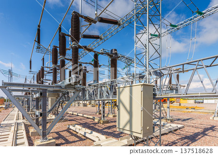 Panoramic view of an outdoor electrical distribution substation, without people, at daytime on a background of a clear blue sky Panoramic view of an outdoor electrical distribution substation, without people, at daytime on a background of a clear blue sky 137518628