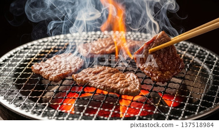 Juicy charcoal grilled beef ribs close-up The sizzle of smoke and meat juice 137518984