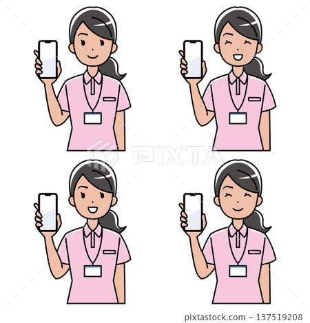 An illustration of a foreign woman in a polo shirt smiling and showing her smartphone. An illustration of a foreign woman in a polo shirt smiling and showing her smartphone. 137519208