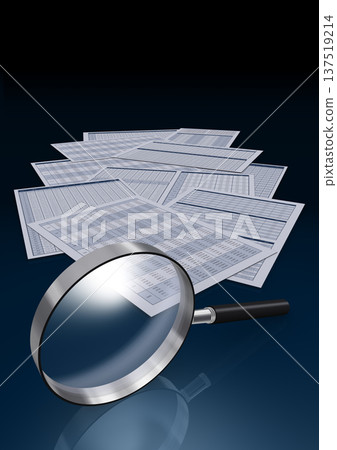 Printed business data document and magnifying glass, image of business performance verification and data analysis Printed business data document and magnifying glass, image of business performance verification and data analysis 137519214