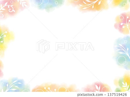 White background decorated with colorful watercolors, white plants and round parts 137519426