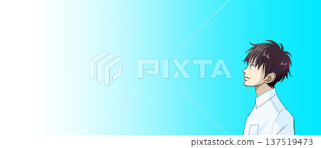 一幅動漫風格的插圖,描繪了一位身穿襯衫的男性學生或上班族,他抬頭看向左側,左側留有空白。 一幅動漫風格的插圖,描繪了一位身穿襯衫的男性學生或上班族,他抬頭看向左側,左側留有空白。 137519473