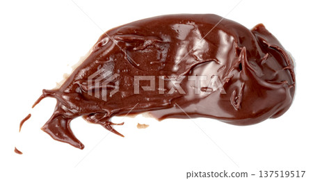 A glossy smear of chocolate hazelnut spread isolated. Top view of creamy cocoa paste texture with rich brown color. Perfect for food product design and dessert themes. 137519517
