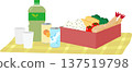 Illustration of a picnic blanket with a boxed lunch and drinks spread out (cherry blossom viewing or sports day outing scene) 137519798