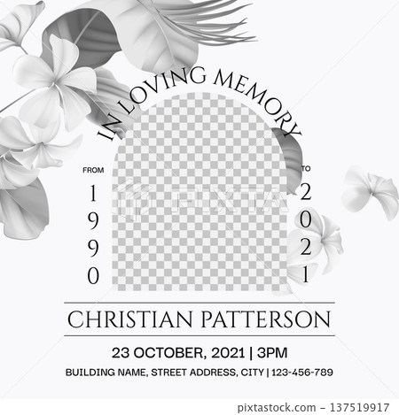 Floral memorial and funeral invitation card template design, bright grey decorated with black and white Plumeria flowers and leaves Floral memorial and funeral invitation card template design, bright grey decorated with black and white Plumeria flowers and leaves 137519917