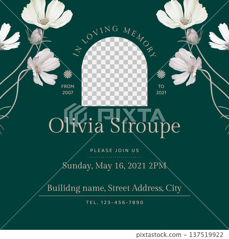 Floral memorial and funeral invitation card template design, dark green decorated with cosmos flowers Floral memorial and funeral invitation card template design, dark green decorated with cosmos flowers 137519922