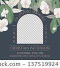Floral memorial and funeral invitation card template design, dark blue decorated with white pansy flowers and leaves 137519924