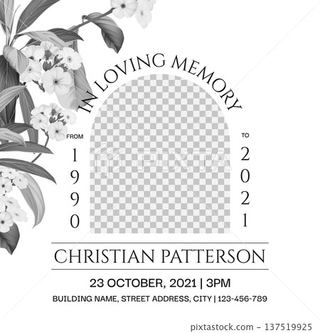 Floral memorial and funeral invitation card template design, white decorated with black and white Woolly rock jasmine flowers and leaves 137519925