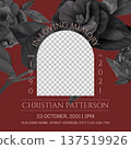 Floral memorial and funeral invitation card template design, red decorated with black semi-double Camellia and rose 137519926