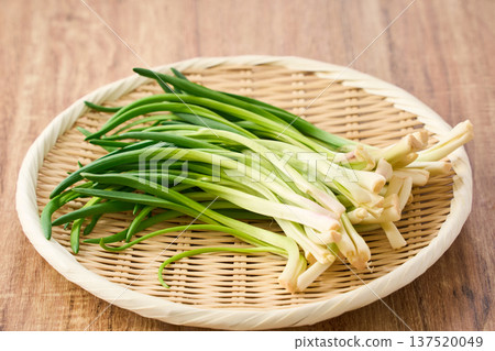 韭菜和香料蔬菜盛於竹製濾網中 韭菜和香料蔬菜盛於竹製濾網中 137520049