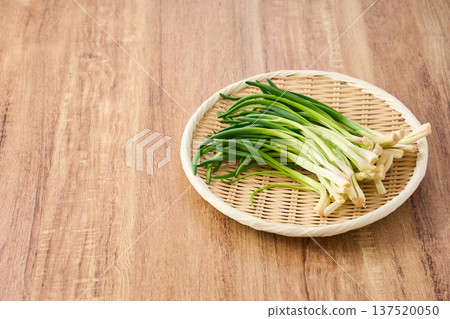 韭菜和香料蔬菜盛於竹製濾網中 韭菜和香料蔬菜盛於竹製濾網中 137520050
