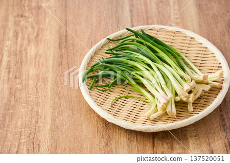 韭菜和香料蔬菜盛於竹製濾網中 韭菜和香料蔬菜盛於竹製濾網中 137520051