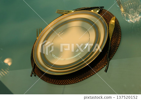 luxury glass plate on wooden table luxury glass plate on wooden table 137520152