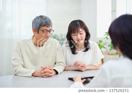 A saleswoman explaining to a couple using a tablet A saleswoman explaining to a couple using a tablet 137520251
