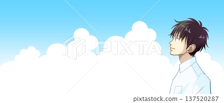 An anime-style illustration of a male student or working adult in a dress shirt looking up at the blue sky, facing left, with space to the left 137520287