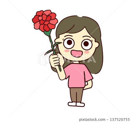 Cute illustration of a smiling child offering a carnation for Mother's Day_One flower_Girl 137520755
