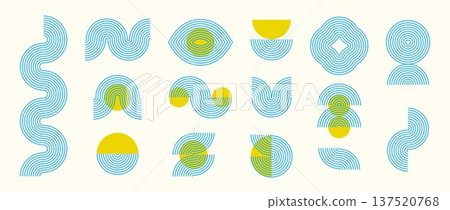 Blue boho linear element collection. Bohemian decorative wave and curve form set for badge, logo, card, poster, banner. Mid century geometric line arch and zigzag objects. Vector wavy arch shapes 137520768