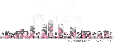 A cute and pop illustration of a cityscape during cherry blossom season. 137520943