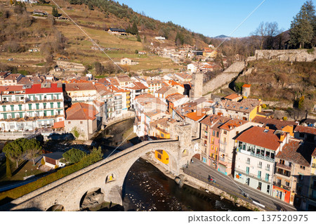 Drone view of the ancient city of Camprodon Drone view of the ancient city of Camprodon 137520975