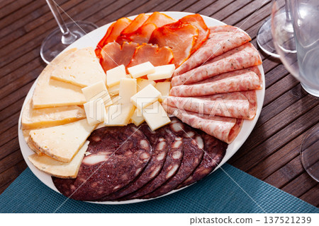 Slicing of smoked sausage, ham, dried pork carbonade and cheese Slicing of smoked sausage, ham, dried pork carbonade and cheese 137521239