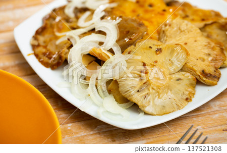 Homemade marinated white brittlegill mushrooms with onion Homemade marinated white brittlegill mushrooms with onion 137521308