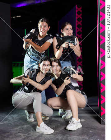Together girls wait for enemy, effect of surprise, competitions, struggle of laser weapons 137521433