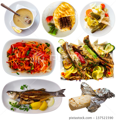 Set of various plates of Turkish cuisine isolated on white Set of various plates of Turkish cuisine isolated on white 137521590
