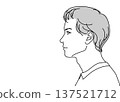 Profile illustration of a young Japanese man, upper body, face up, sideways, monochrome 137521712