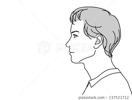 Profile illustration of a young Japanese man, upper body, face up, sideways, monochrome 137521712