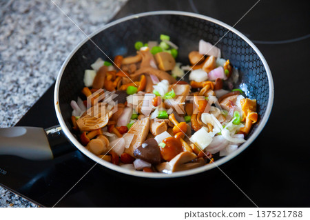 Close-up of delicious fried mushrooms with onion 137521788