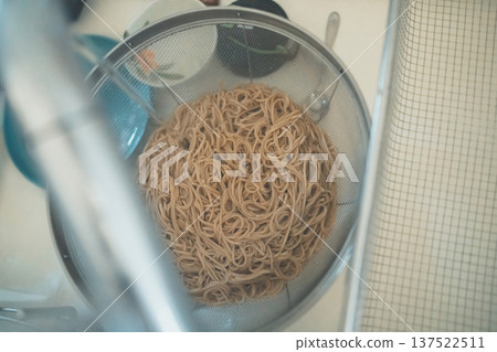 將蕎麥麵從濾網中取出,用冷水沖洗。 將蕎麥麵從濾網中取出,用冷水沖洗。 137522511