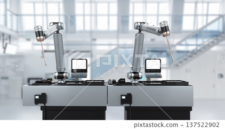 Automation industry with 3d rendering robot assembly line in  factory 137522902