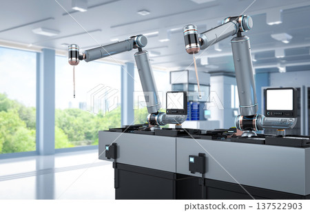 Automation industry with 3d rendering robot assembly line in  factory 137522903