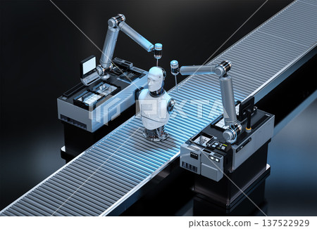 Robot assembly line producing cyborg in factory 137522929