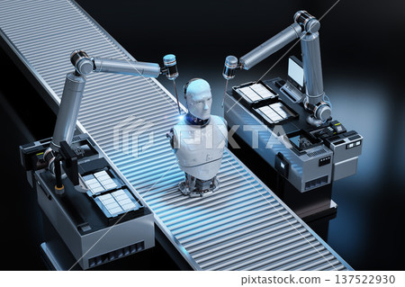 Robot assembly line producing cyborg in factory 137522930