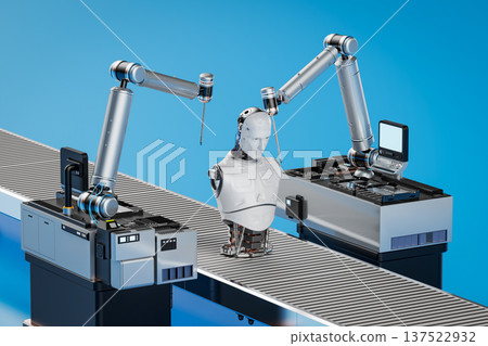Robot assembly line producing cyborg in factory 137522932