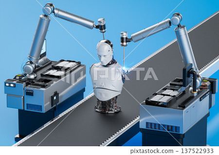 Robot assembly line producing cyborg in factory Robot assembly line producing cyborg in factory 137522933