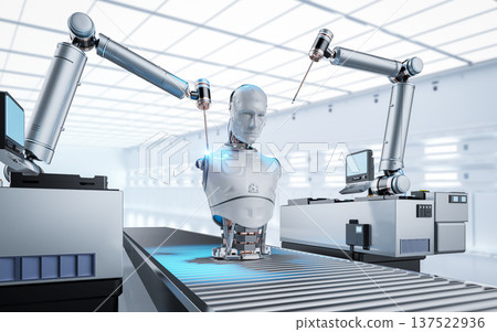 Robot assembly line producing cyborg in factory 137522936