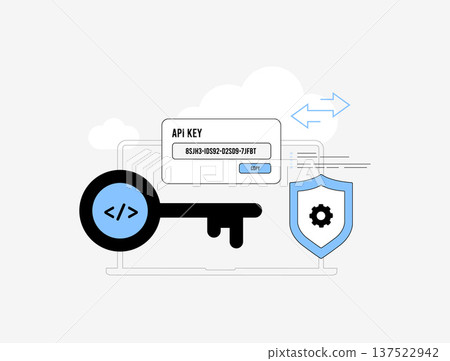 API key authentication, secure access token, software integration credential. Developer authorization method, API endpoint protection, encrypted secret management, modern flat vector illustration 137522942