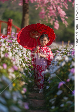 preschool child girl in yukata (kimono dress) holding umbrella with flower blooming in garden 137523004