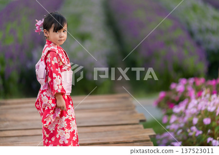 preschool child girl in yukata (kimono dress) with flower blooming in garden preschool child girl in yukata (kimono dress) with flower blooming in garden 137523011