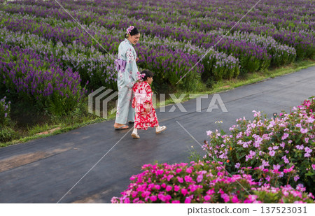 woman and child girl in yukata (kimono dress) walking together with flower blooming in garden woman and child girl in yukata (kimono dress) walking together with flower blooming in garden 137523031