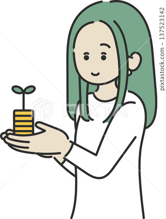 插圖描繪了一位女性手持一枚發芽的硬幣,象徵著資產管理。 插圖描繪了一位女性手持一枚發芽的硬幣,象徵著資產管理。 137523142