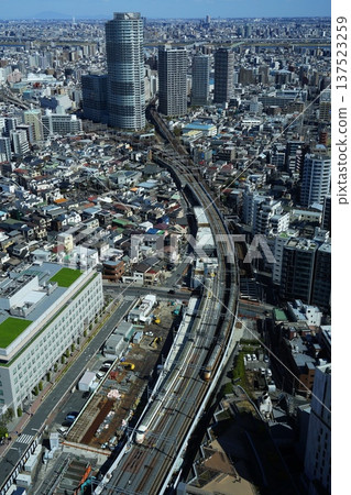 Tobu Limited Express train and skyscrapers seen from Solamachi March Tobu Limited Express train running through Sumida 207 Oshiage Tobu Limited Express train and skyscrapers seen from Solamachi March Tobu Limited Express train running through Sumida 207 Oshiage 137523259