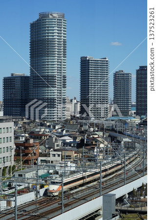 Tobu Limited Express train and skyscrapers seen from Solamachi March Tobu Limited Express train running on Sumida 209 Oshiage Tobu Limited Express train and skyscrapers seen from Solamachi March Tobu Limited Express train running on Sumida 209 Oshiage 137523261