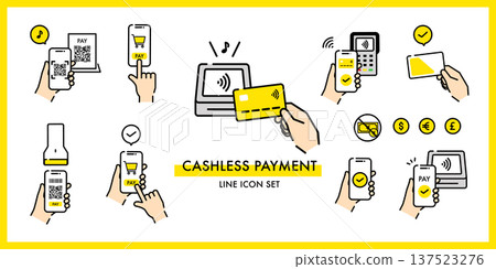 Cashless payment handheld operation icon set (smartphone, QR code, credit card, payment terminal) Cashless payment handheld operation icon set (smartphone, QR code, credit card, payment terminal) 137523276