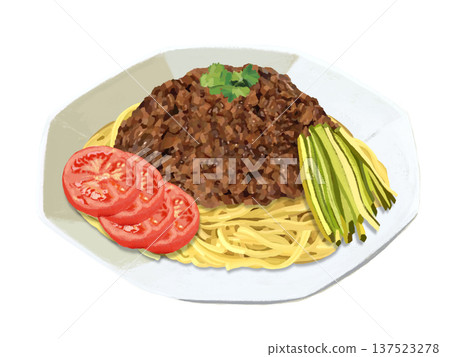 Jajangmyeon (fried noodles) on an octagonal plate Jajangmyeon (fried noodles) on an octagonal plate 137523278